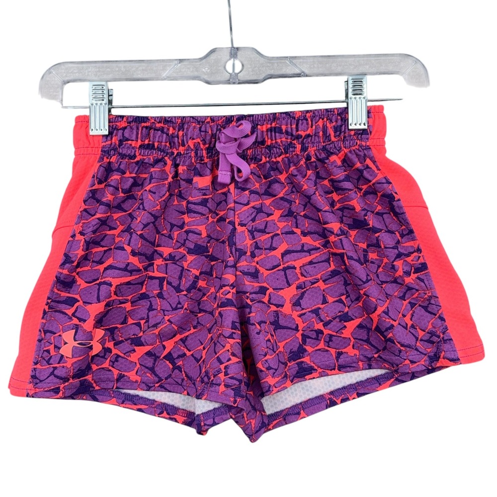 Under Armour HeatGear Athletic Shorts Kids YMD Purple Pink Cracked Print Loose